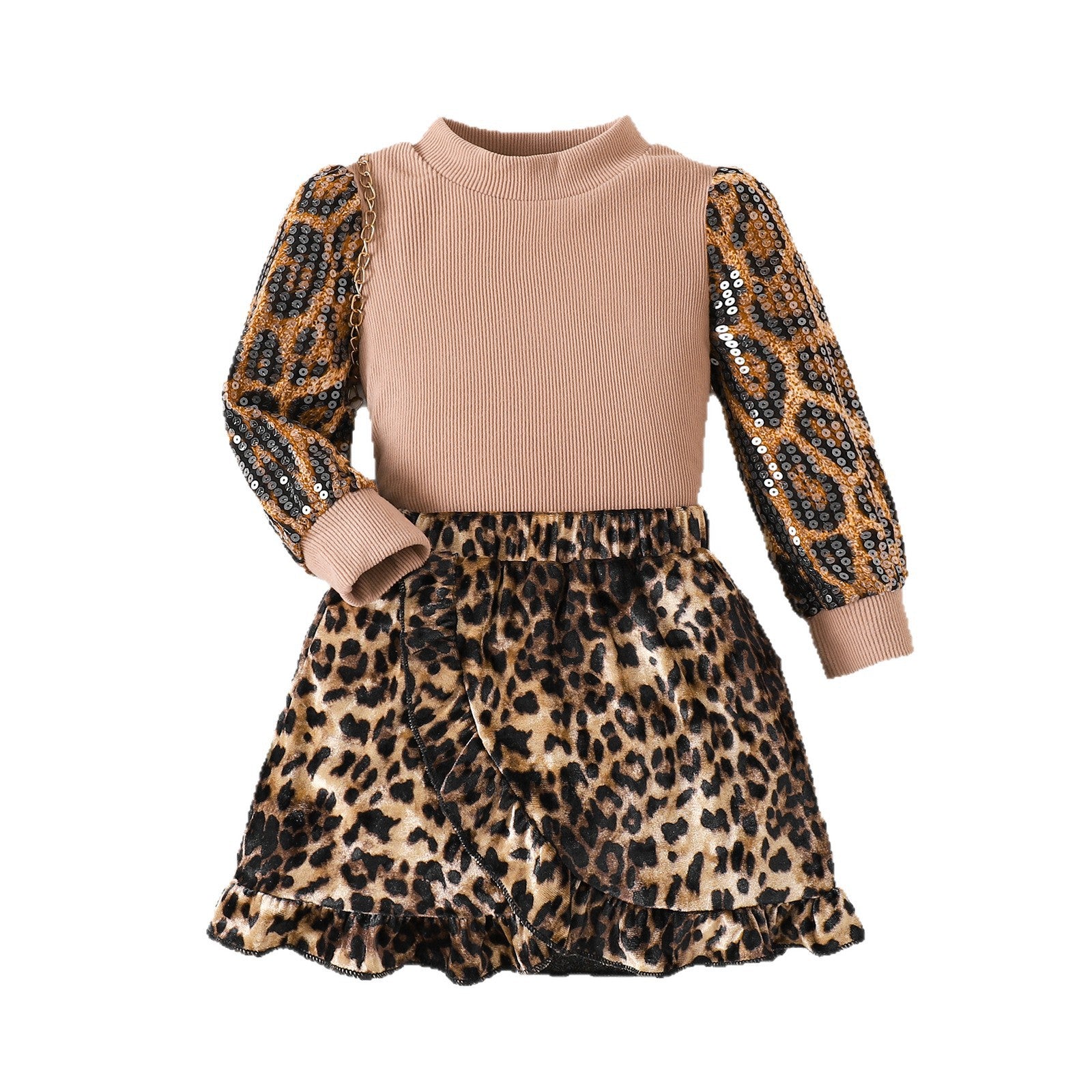 Leopard print color blocked sequin head set, two-piece set