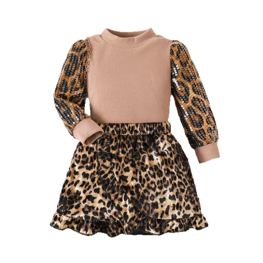 Leopard print color blocked sequin head set, two-piece set