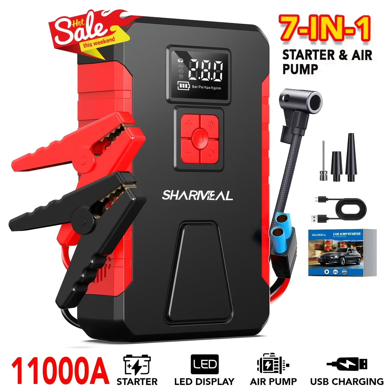 13000A/12000A/11000A/10000A Peak 12V Portable Car Emergency Starter | Car Battery Charger with Air Compressor, Suitable for 2.64gal Gasoline/All Diesel, Includes Emergency Starter Accessories, LED Light, Tire Inflator, USB Ch