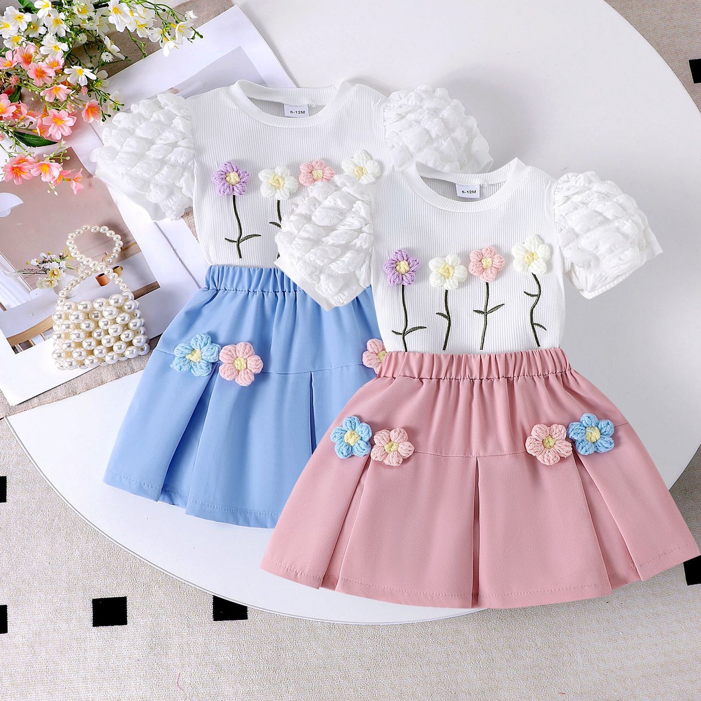 Round neck bubble sleeve short sleeved skirt set