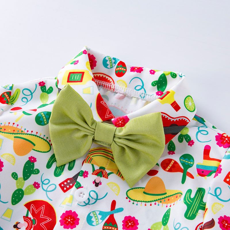 Spring Summer Kids Boys Gentleman Bow Tie All-over Print Versatile Short Sleeve Shirt Shorts Headband 3-Piece Set