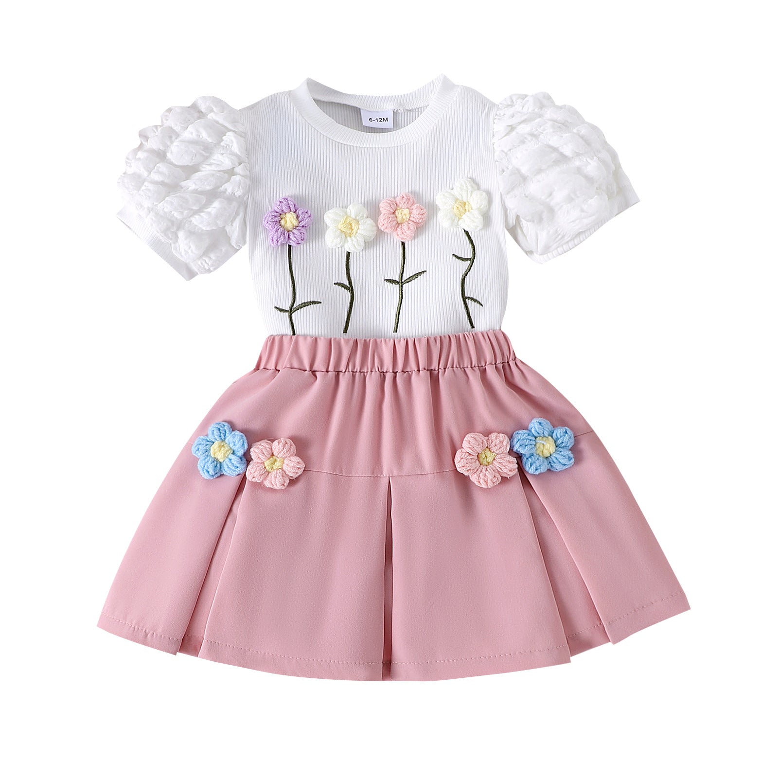 Round neck bubble sleeve short sleeved skirt set