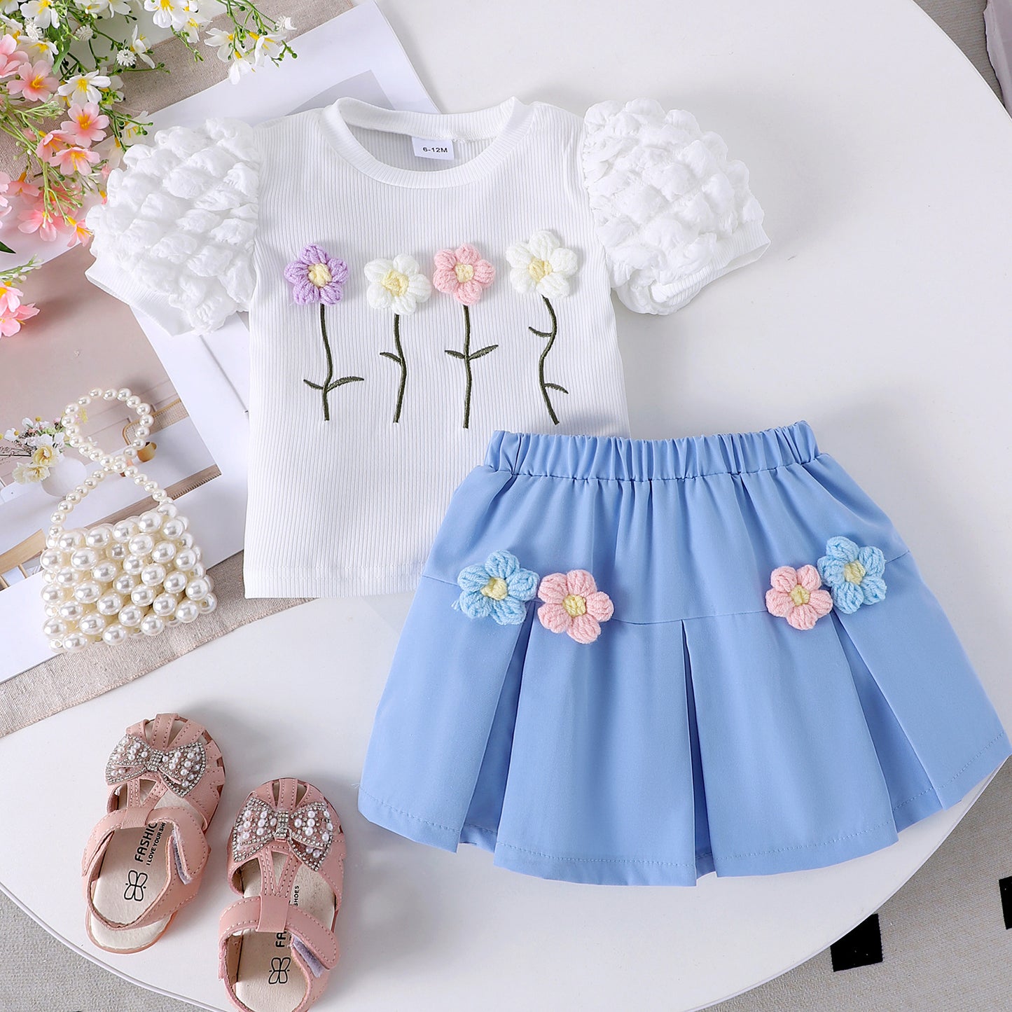 Round neck bubble sleeve short sleeved skirt set