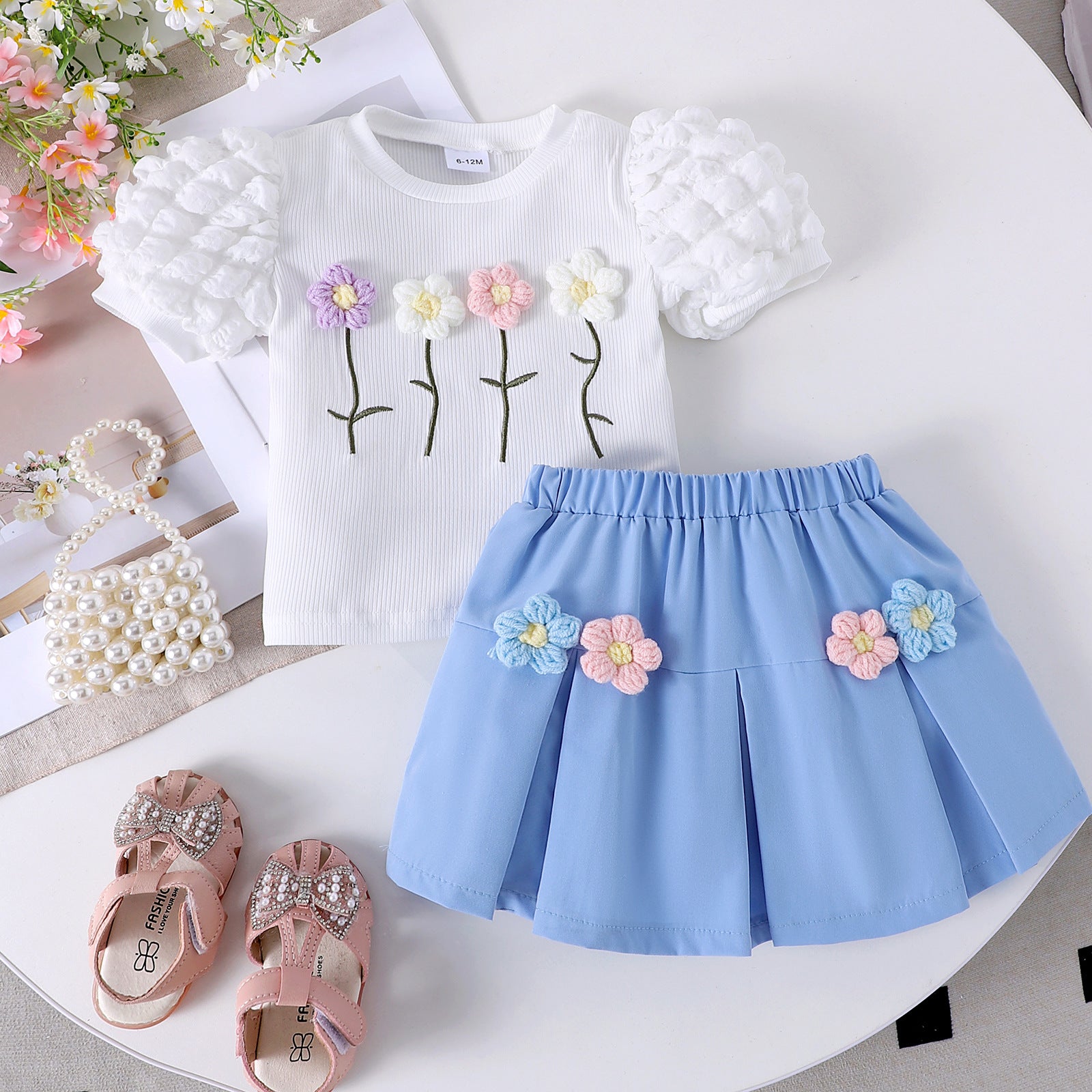 Round neck bubble sleeve short sleeved skirt set