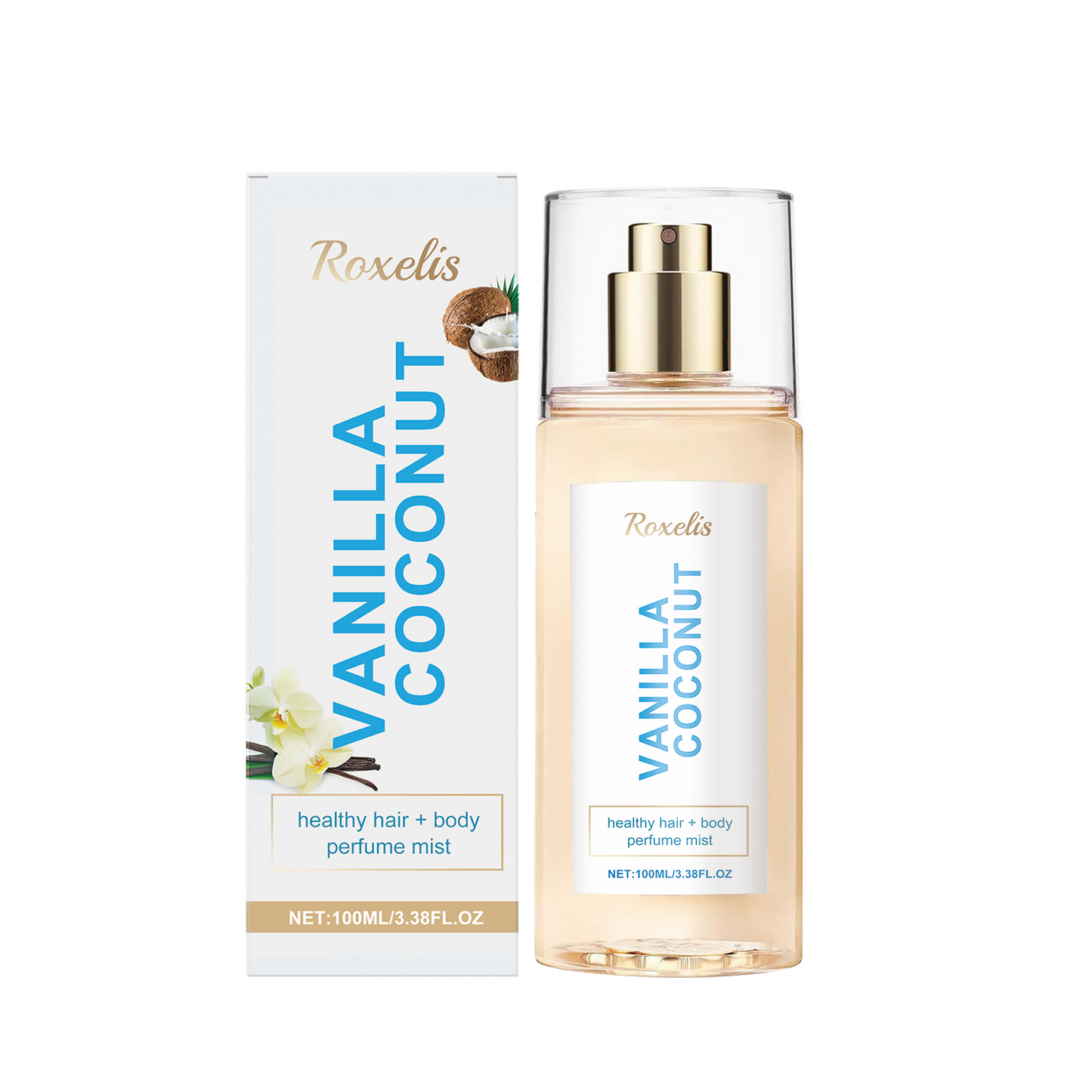 Roxelis Vanilla Coconut Body Perfume Spray, Long-Lasting Fragrance And Exudes A Unique Charm. It Is A Fresh, Romantic And Portable Perfume