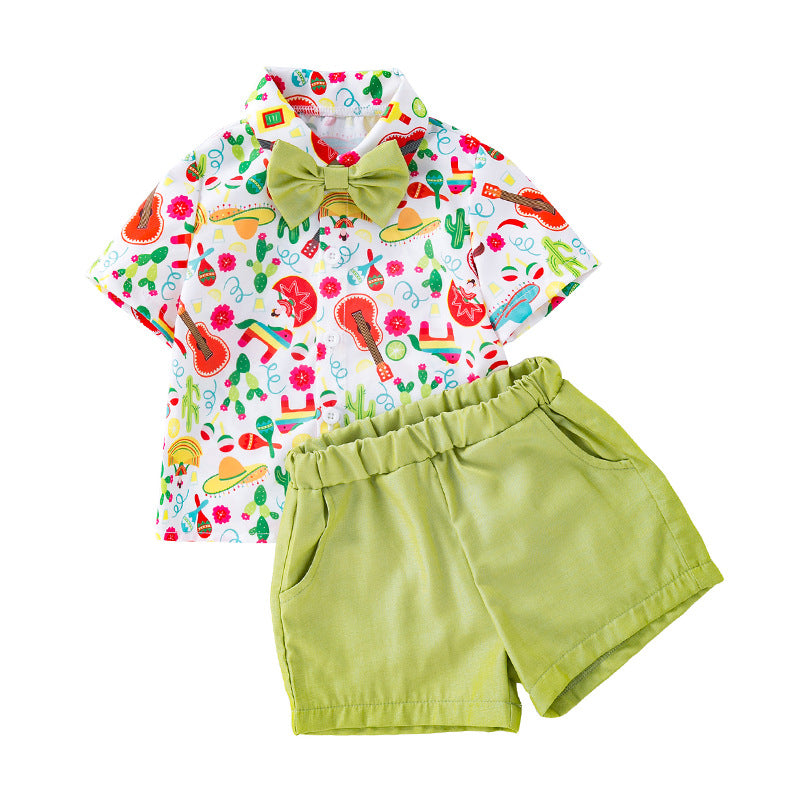 Spring Summer Kids Boys Gentleman Bow Tie All-over Print Versatile Short Sleeve Shirt Shorts Headband 3-Piece Set