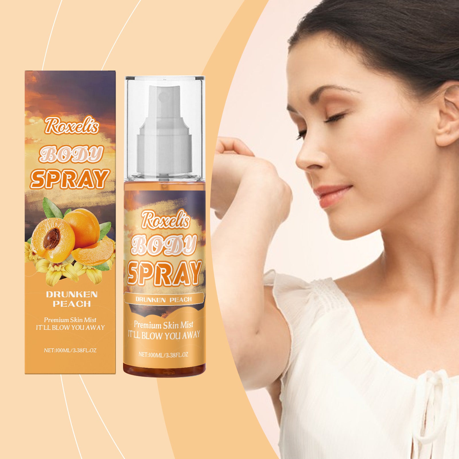 Roxelis Peach Champagne Body Spray Long-Lasting Fresh Fragrance With Soft Tone And Multi-Layered Light Fragrance