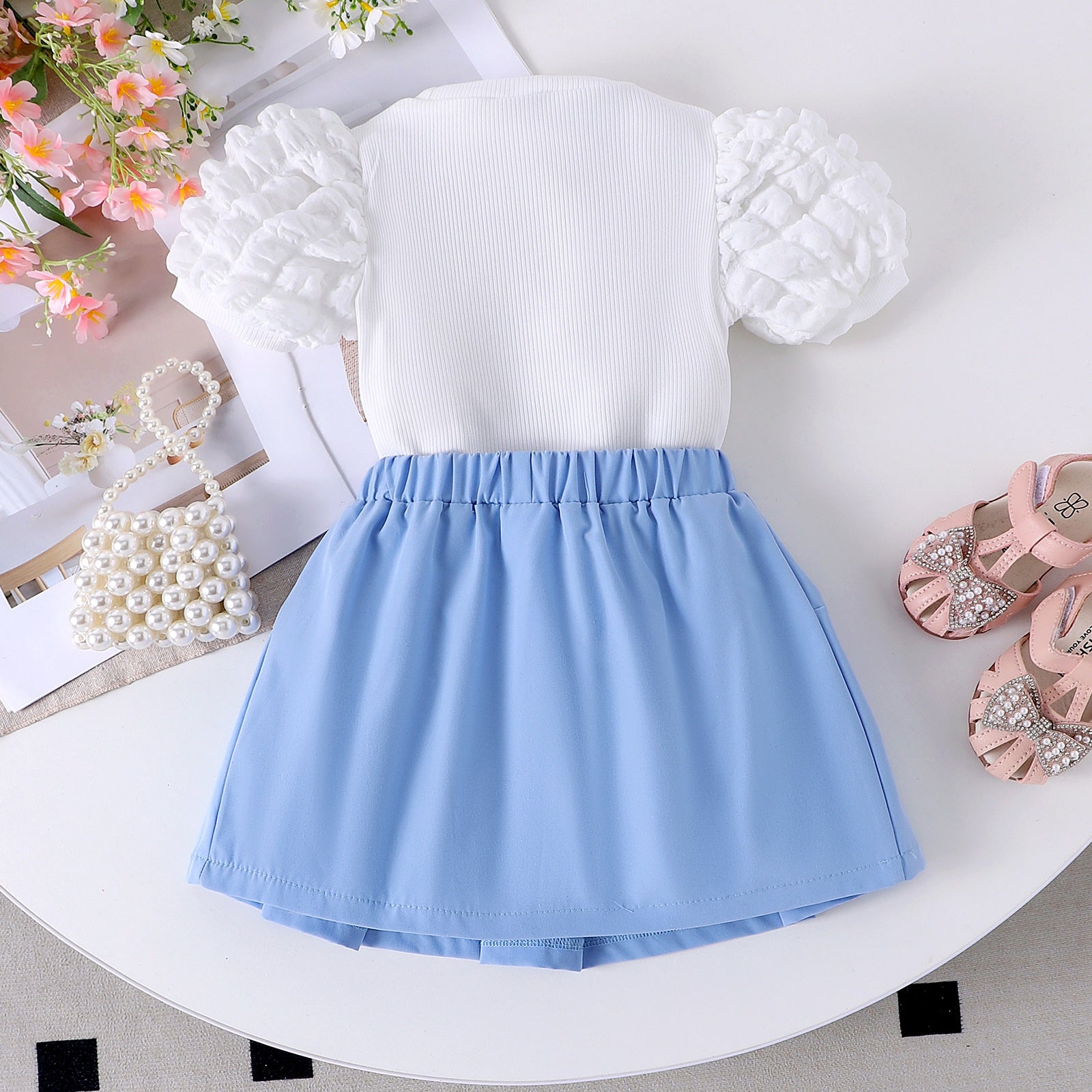 Round neck bubble sleeve short sleeved skirt set