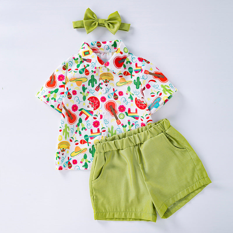 Spring Summer Kids Boys Gentleman Bow Tie All-over Print Versatile Short Sleeve Shirt Shorts Headband 3-Piece Set
