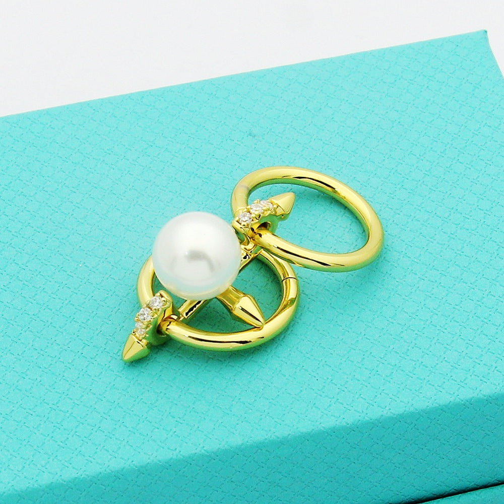 T Letter Double Ring Bullet Pearl Diamond Ring