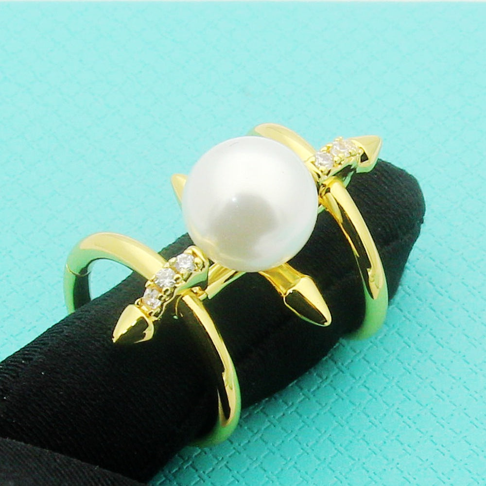 T Letter Double Ring Bullet Pearl Diamond Ring