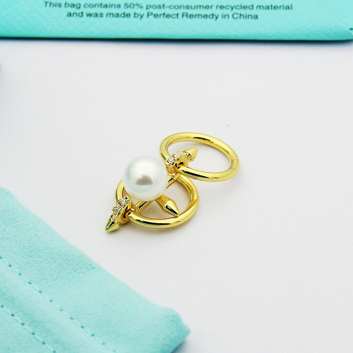 T Letter Double Ring Bullet Pearl Diamond Ring