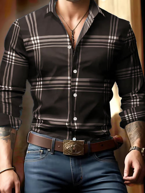 3D Digital Printing Striped Plaid Men's Long Sleeve Shirt