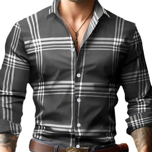 3D Digital Printing Striped Plaid Men's Long Sleeve Shirt