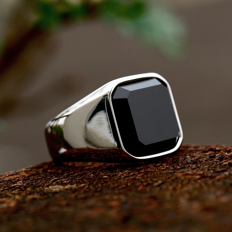 Stainless Steel Inlaid Black Agate Ring Vintage