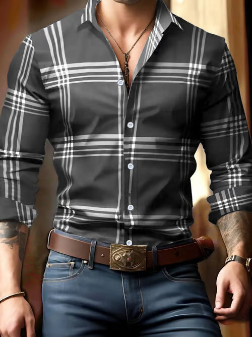 3D Digital Printing Striped Plaid Men's Long Sleeve Shirt