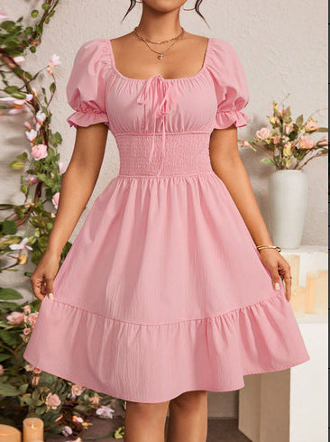 Pleated Ruffle A-line Dress With A Square Neckline And Short Sleeves