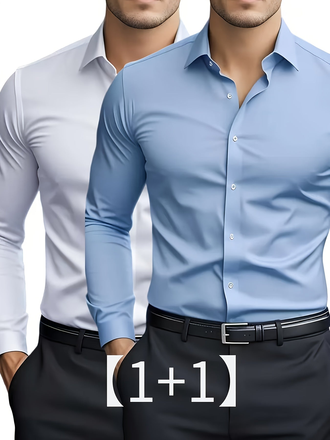 2pcs Autumn New Business Casual Formal Long Sleeve Shirt Slim Fit Open Collar Men's Long Sleeve Shirt