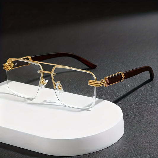 Vintage Large Frame Unisex Eyeglasses - Faux Wood Grain Design - PC Material - Semi-Rimless Style - Includes Eyeglass Cloth