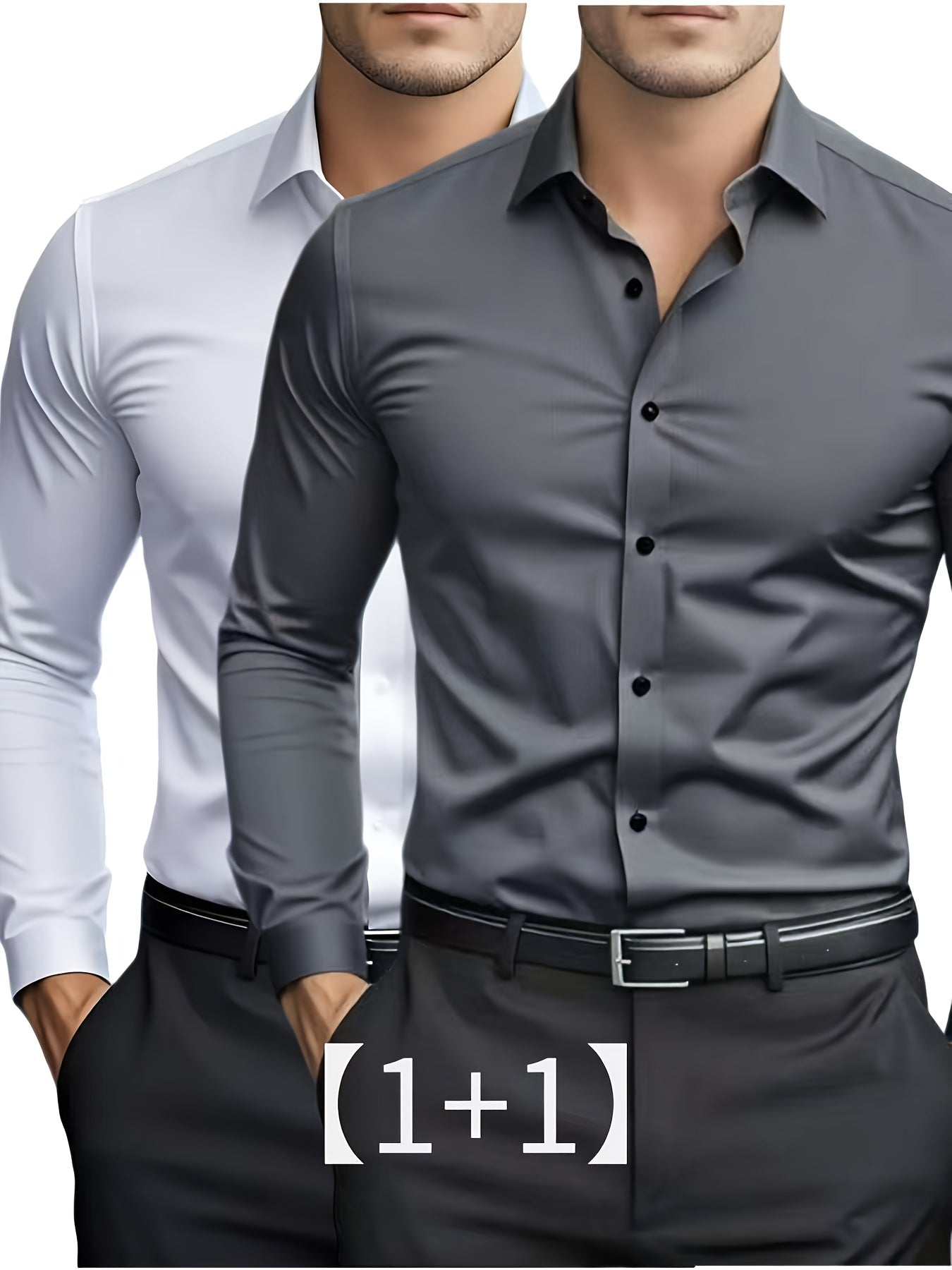 2pcs Autumn New Business Casual Formal Long Sleeve Shirt Slim Fit Open Collar Men's Long Sleeve Shirt