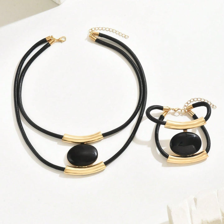 14K Gold Plated Golden Elegance  Black And Gold Statement Jewelry Set