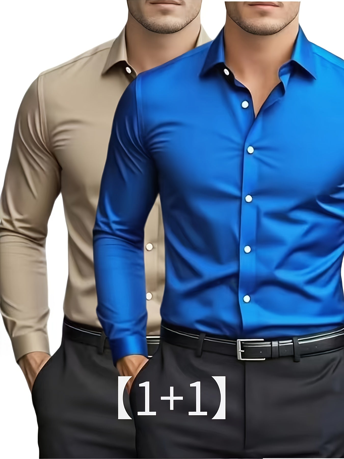 2pcs Autumn New Business Casual Formal Long Sleeve Shirt Slim Fit Open Collar Men's Long Sleeve Shirt