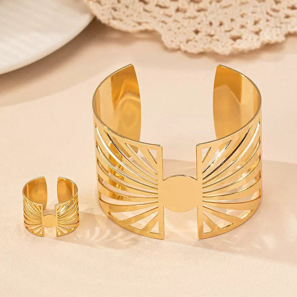 14K Gold Plated Golden Radiance  Adjustable Geometric Ring And Cuff Set