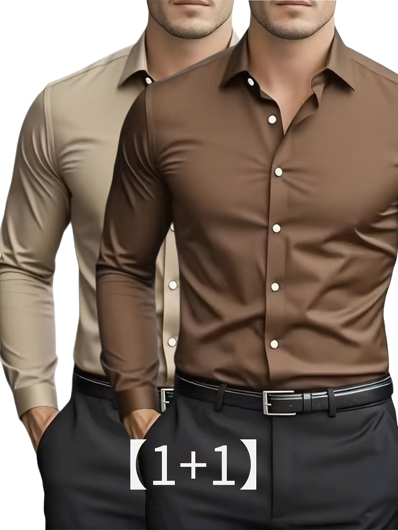 2pcs Autumn New Business Casual Formal Long Sleeve Shirt Slim Fit Open Collar Men's Long Sleeve Shirt