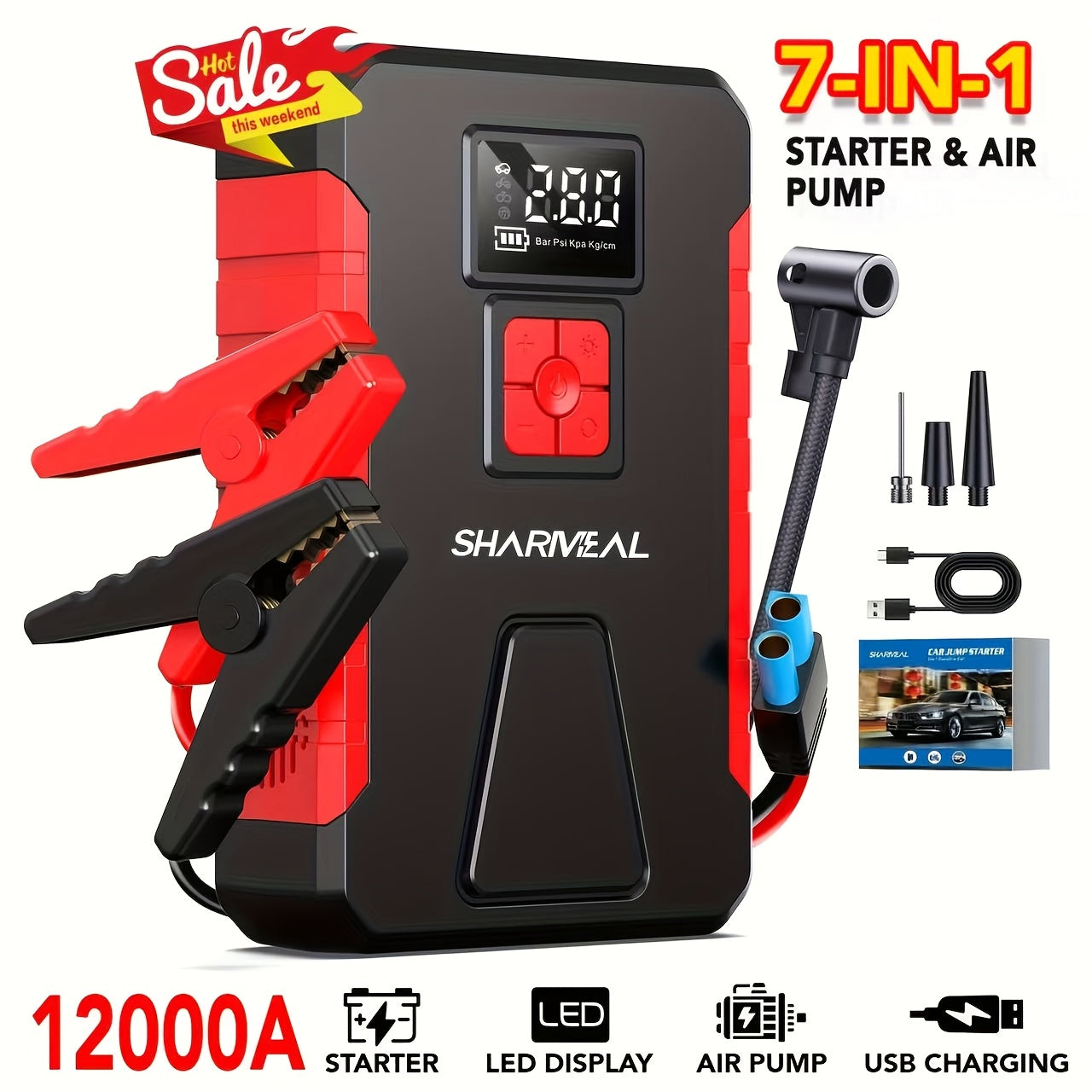 13000A/12000A/11000A/10000A Peak 12V Portable Car Emergency Starter | Car Battery Charger with Air Compressor, Suitable for 2.64gal Gasoline/All Diesel, Includes Emergency Starter Accessories, LED Light, Tire Inflator, USB Ch