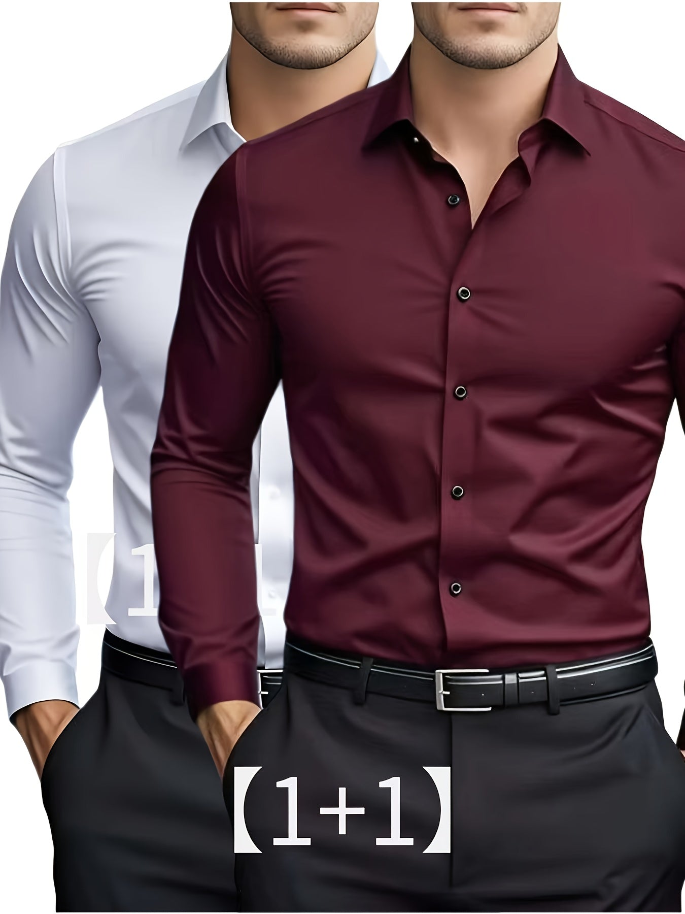 2pcs Autumn New Business Casual Formal Long Sleeve Shirt Slim Fit Open Collar Men's Long Sleeve Shirt