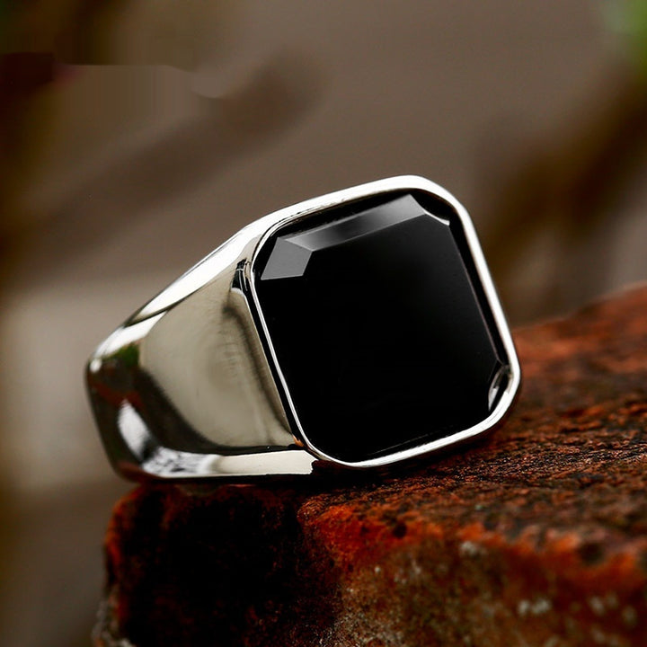 Stainless Steel Inlaid Black Agate Ring Vintage