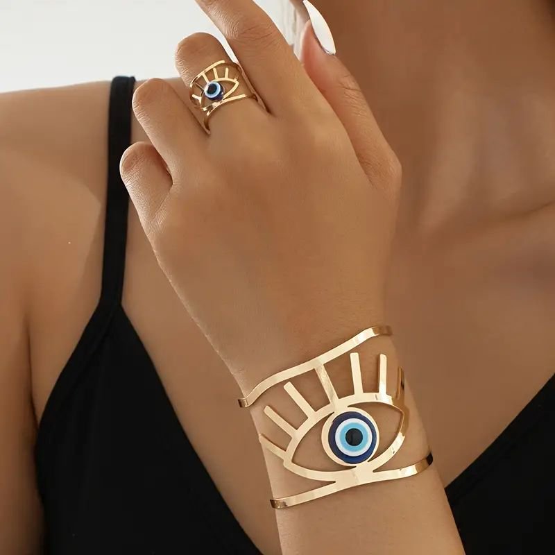 14K Gold Plated Golden Eye  Charm Bangle & Ring Set