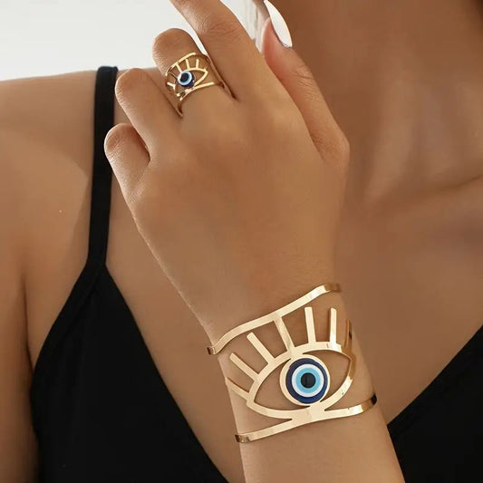 14K Gold Plated Golden Eye  Charm Bangle & Ring Set