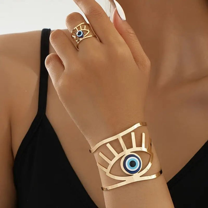 14K Gold Plated Golden Eye  Charm Bangle & Ring Set