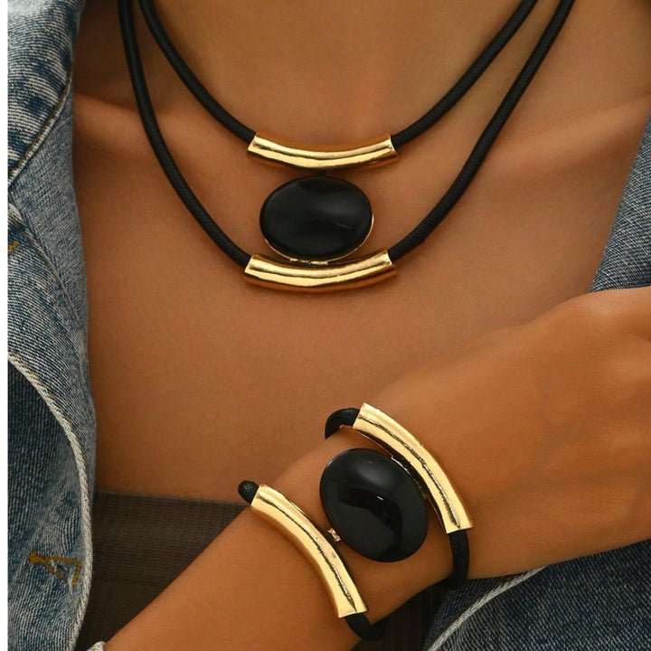 14K Gold Plated Golden Elegance  Black And Gold Statement Jewelry Set